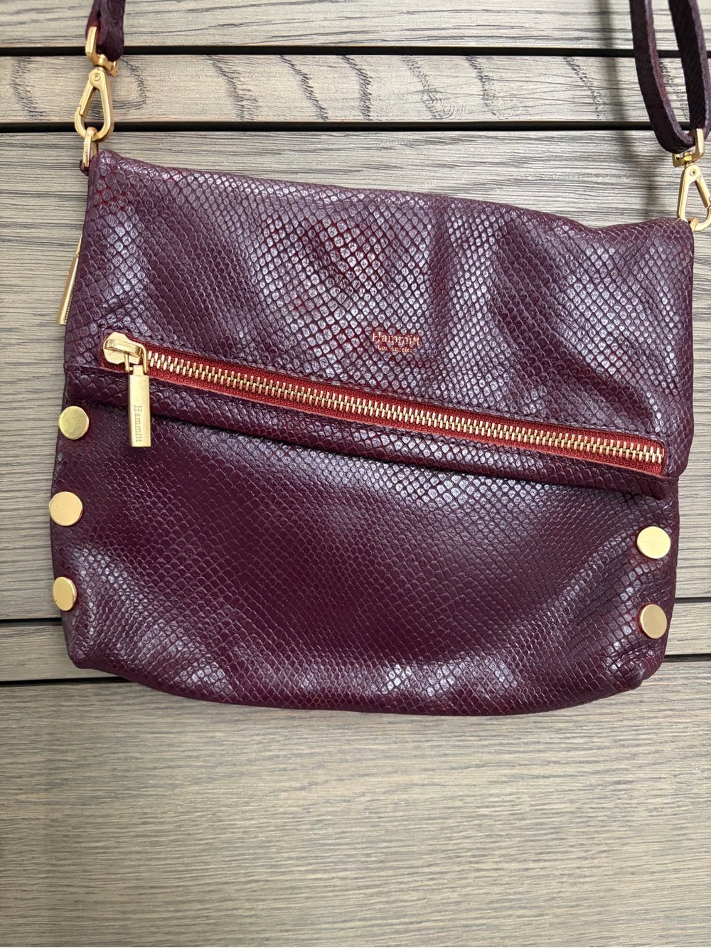 Hammitt VIP Bag, Medium Plum Snake-Embossed Crossbody with Gold Matte Hardware